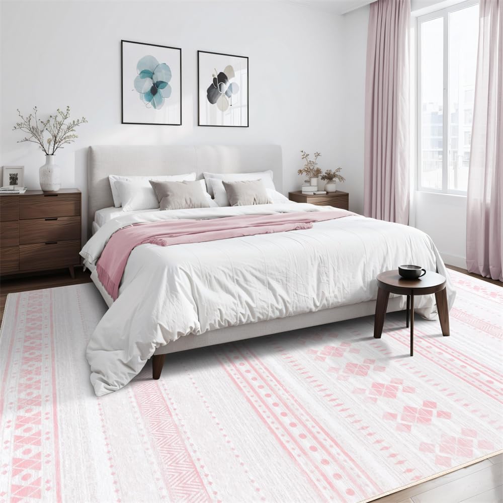 6x9 Washable Area Rug, Boho Moroccan Farmhouse Neutral Low Pile Carpet, Soft Non-Slip Rugs for Living Room Bedroom Dining Room Nursery Dorm Home Decor, Pink & White