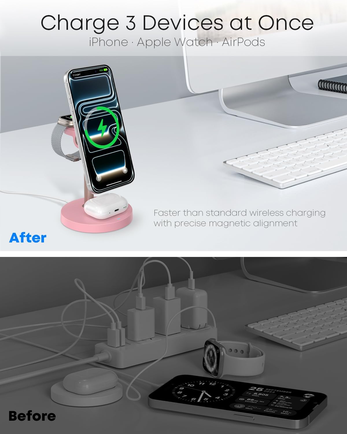 3 in 1 Magnetic Wireless Charging Station, 15W Fast Charger Stand for iPhone, Phone Charger Stand for Desk Nightstand, for iPhone 17/16/15/14/13/12, Apple Watch & AirPods, Adapter Not Included -Pink