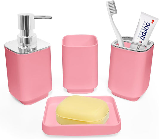 4 Piece Bathroom Accessory Sets, Pink Bathroom Accessories Sets Include Toothbrush Holders Set, Soap Dispenser, Soap Dish and Toothbrush Cup, Modern Bathroom Decoration