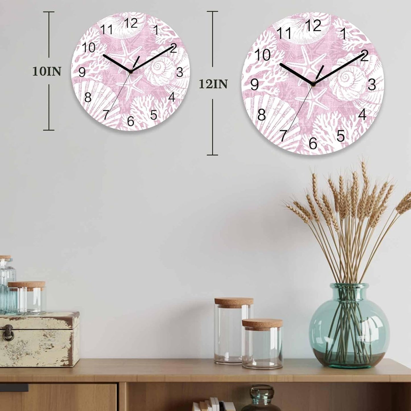 Ocean Wall Clock Battery Operated Non-Ticking 12" Round Wood Clocks, Coral Shell Starfish Coastal Marine Pink Kitchen Wall Clock for School Bathroom Living Room Home Office Wall Decor