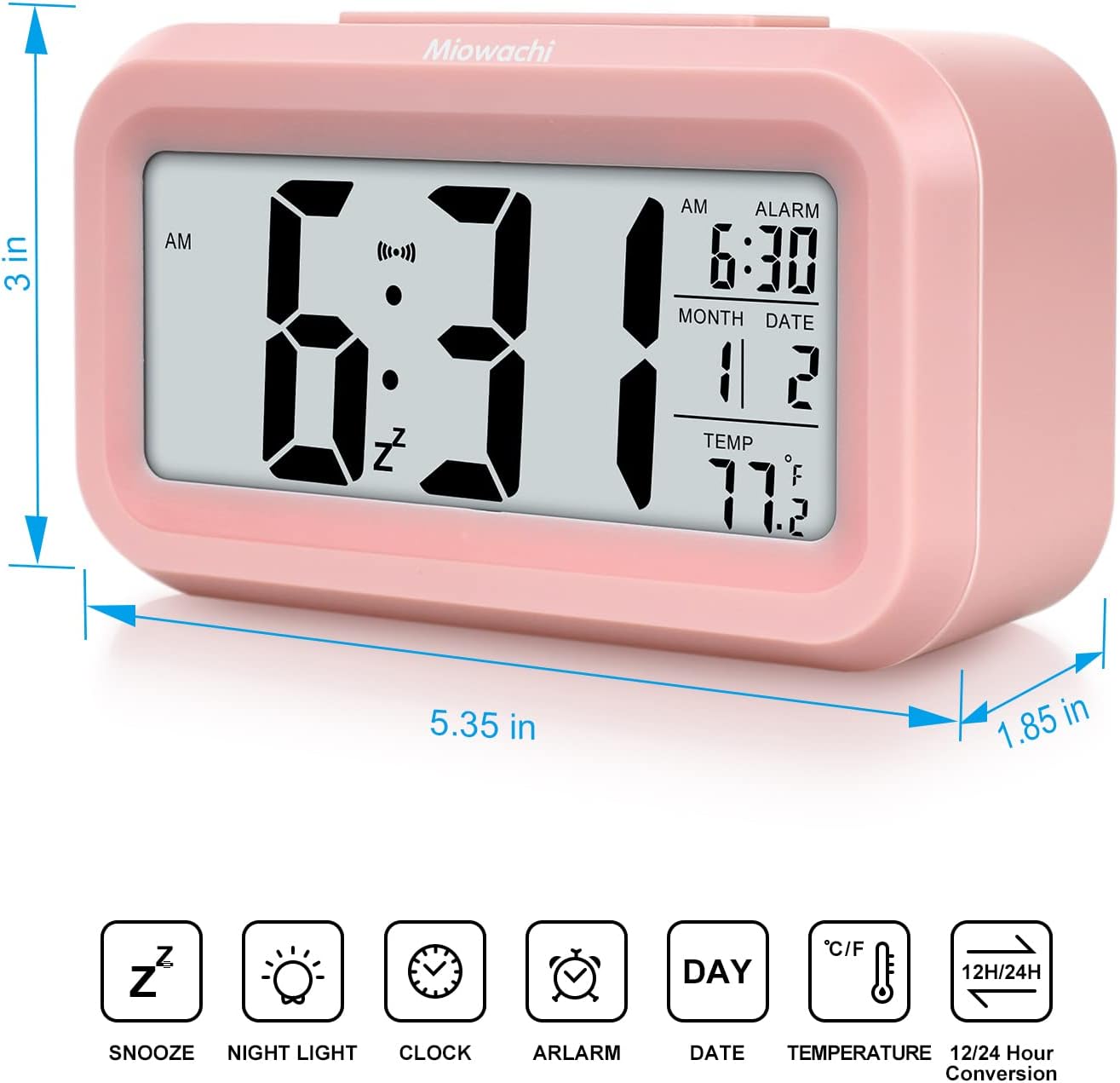 Miowachi Pink Digital Alarm Clock for Bedrooms Battery Operated,Snooze,Night Light Easy Setup Small Clock for Kids Kitchen Bathroom Office