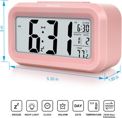 Miowachi Pink Digital Alarm Clock for Bedrooms Battery Operated,Snooze,Night Light Easy Setup Small Clock for Kids Kitchen Bathroom Office