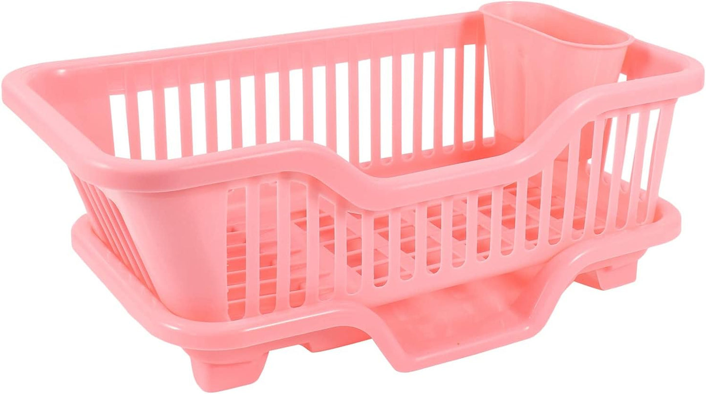 Environmental Plastic Kitchen Sink Dish Drainer Set Rack Washing Holder Basket Organizer Tray, 17.5 x 9.5 x 7INCH (Pink)