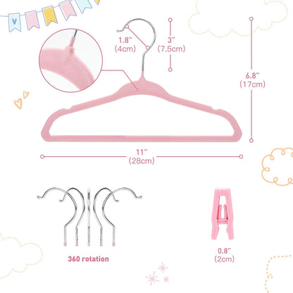 Babyrish Velvet Baby Hangers with Clips (30 Pack) | 11” Ultra-Slim Baby Clothes Hangers | Non-Slip Felt | Space-Saving Nursery & Infant Closet Organizer | Pink