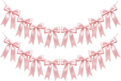 2 Strings of 16PCS Pink Bow Garland Banner Decoration,Pre-Strung Satin Ribbon Ornaments for Birthday,Bachelorette Party,Bridal Shower, Wedding,Engagement,Baby Shower, Graduation Deco,Anniversary