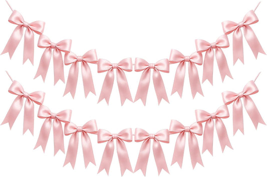 2 Strings of 16PCS Pink Bow Garland Banner Decoration,Pre-Strung Satin Ribbon Ornaments for Birthday,Bachelorette Party,Bridal Shower, Wedding,Engagement,Baby Shower, Graduation Deco,Anniversary