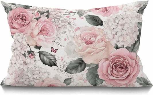 Smooffly Pink Flowers Throw Pillow Cover,Watercolor Leaves Floral Rose in Pastel Color Waist Lumbar Cotton Linen Throw Pillow case Cushion Cover for Sofa Home Decorative Oblong 12x20 Inches