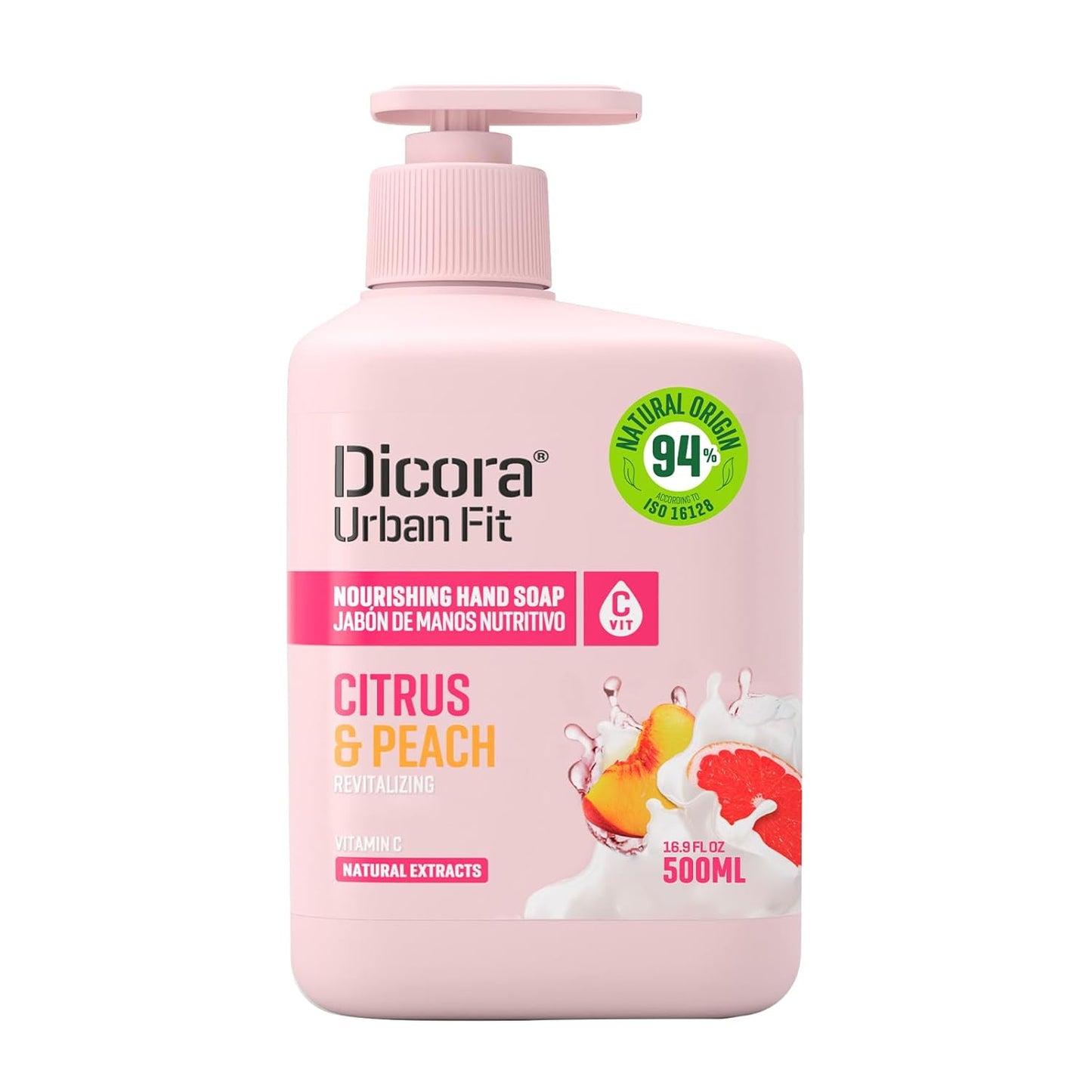 Dicora Urban Fit Nourishing Hand Soap - Hand Wash for Hydrated Skin - Vitamin C Enriched Sanitizer with Fruit Extract - Citrus and Peach - 16.9 oz