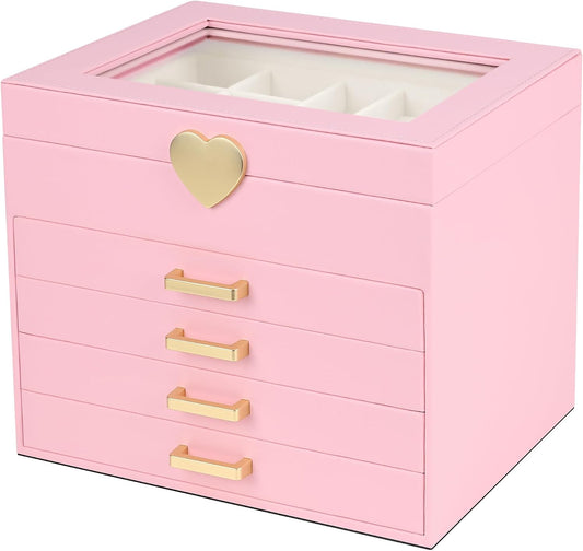 Kendal Jewelry Box, 5-Layer Jewelry Organizer Box with Glass Lid, Pink, Heart Shaped PU Leather, Storage Box for Necklace Earrings Rings Bracelets, Gift Idea for Girls LJC4DRPK