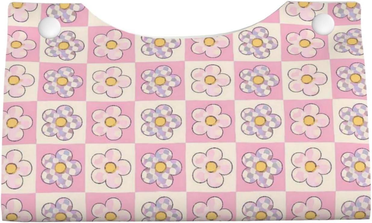 Pink Checkerboard Daisy Long Tissue Box Cover Paper Holder Home Decor 7.9'' x 4.9'' x 4.5''