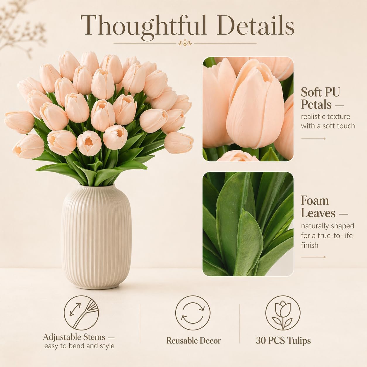 MACTING 30 PCS Artificial Tulip Flowers 13.7" Real Touch Fake PU Tulips Bouquet Faux Flowers for Floral Arrangements Table Centerpieces Kitchen Mothers Day Summer Decorations,Light Pink