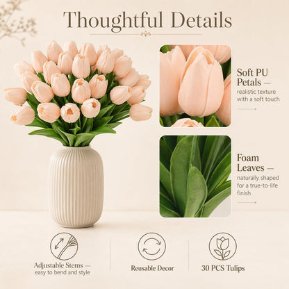 MACTING 30 PCS Artificial Tulip Flowers 13.7" Real Touch Fake PU Tulips Bouquet Faux Flowers for Floral Arrangements Table Centerpieces Kitchen Mothers Day Summer Decorations,Light Pink