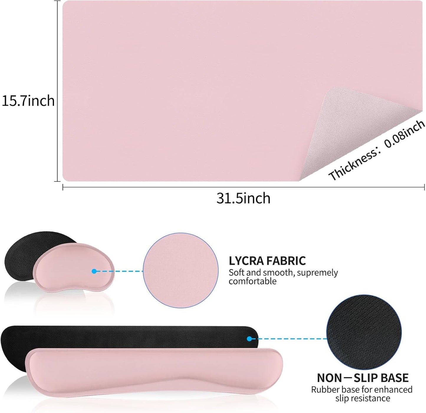 Mouse Pad and Keyboard Wrist Rest, Large Keyboard and Mouse Pad Set, Ergonomic Mousepad with Wrist Rest, Non-Slip Desk Mat Protector for Office, Home (31.5×15.7 Inches, Pink)