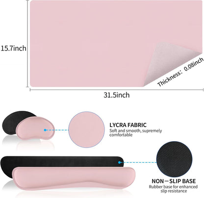 Mouse Pad and Keyboard Wrist Rest, Large Keyboard and Mouse Pad Set, Ergonomic Mousepad with Wrist Rest, Non-Slip Desk Mat Protector for Office, Home (31.5×15.7 Inches, Pink)