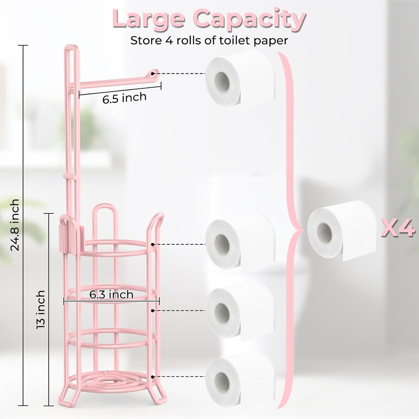 TomCare Toilet Paper Holder Toilet Paper Stand and Dispenser for 3 Spare Rolls Metal Wire Free-Standing Toilet Tissue Paper Roll Storage Shelf Bathroom Accessories Storage Organizer Pink