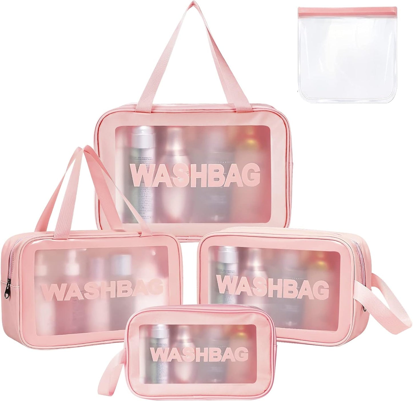 Aucuu 5PCS Clear Toiletry Bags, Wash Bag, Clear PU Makeup Bag, Waterproof Toiletry Travel Bag with Zipper Handle, Portable Airport Cosmetic Bag for Travel Bathroom Men Women (Pink)