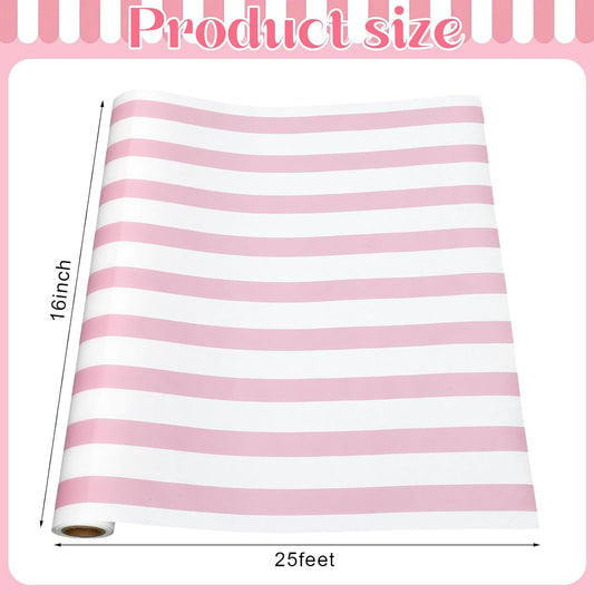AmazingSpark Pink Striped Paper Table Runner Roll - 25' Long x 16 Wide Disposable Paper Striped Table Runner for Birthday Wedding Carnival Christmas Party Kitchen Dining Tabletop Decoration