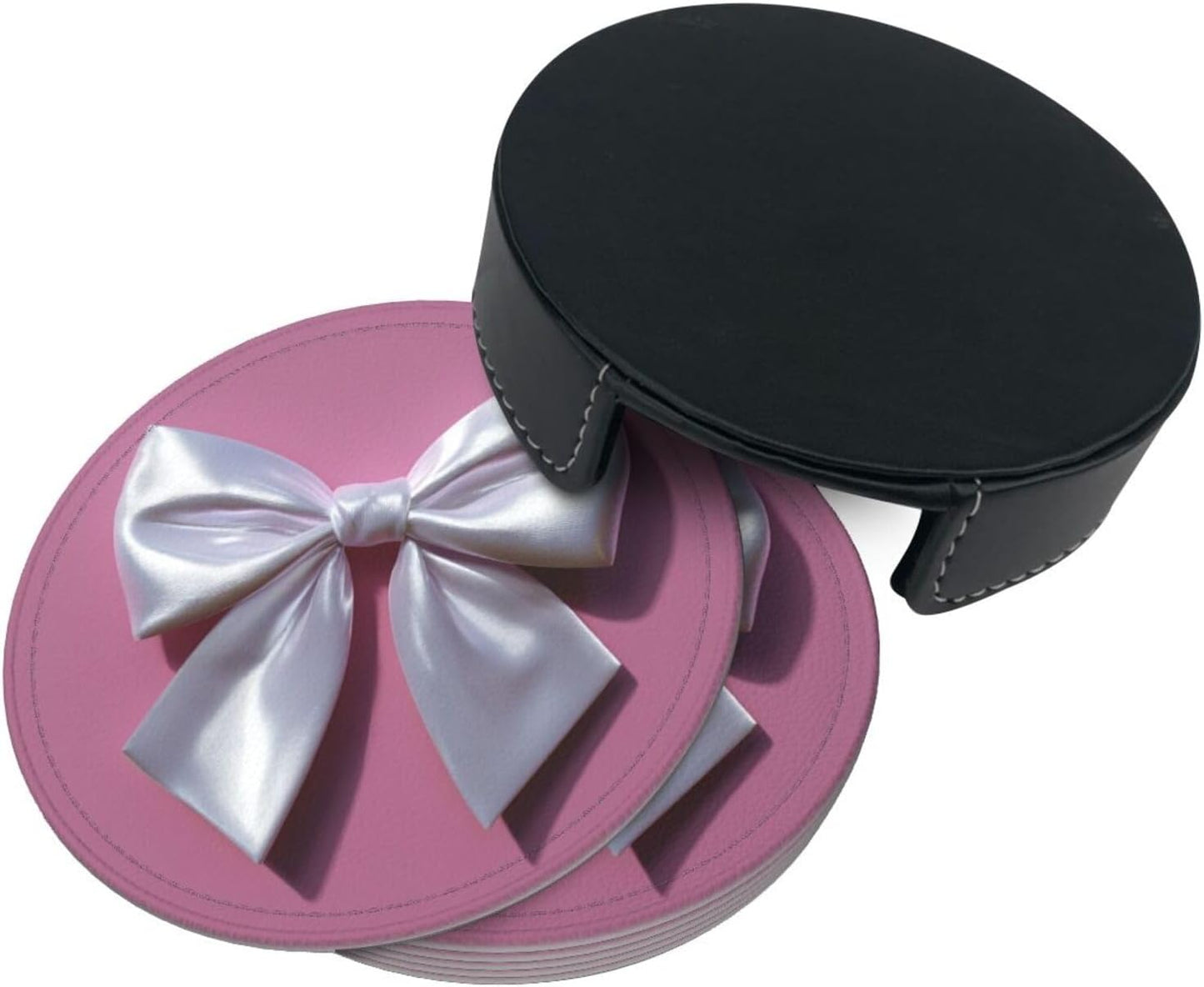 White Satin Bow On Light Pink Premium Leather Coasters, Set of 6 with Holder, Stylish Beverage Coasters for Kitchen Coffee Bar