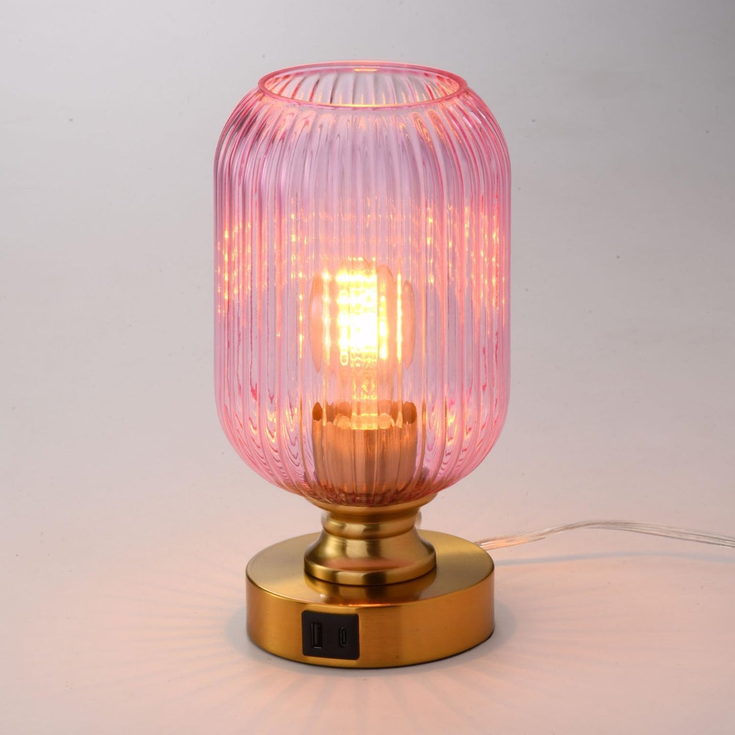 Mid Century Glass Table Lamp,Dimmable Desk Lamp,LED Bulb Included,Touch Control & USB A+C Port,Pink Ribbed Glass