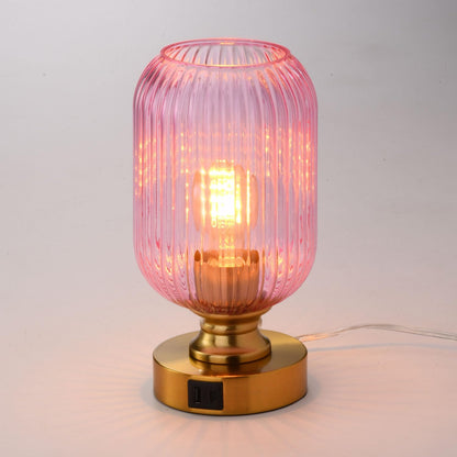 Mid Century Glass Table Lamp,Dimmable Desk Lamp,LED Bulb Included,Touch Control & USB A+C Port,Pink Ribbed Glass
