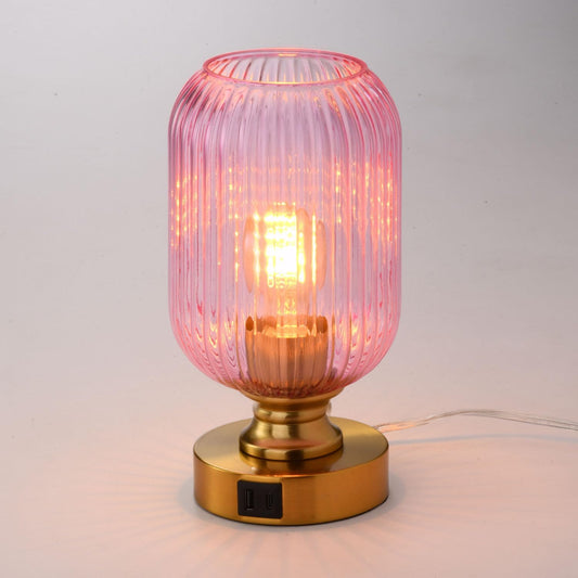Mid Century Glass Table Lamp,Dimmable Desk Lamp,LED Bulb Included,Touch Control & USB A+C Port,Pink Ribbed Glass
