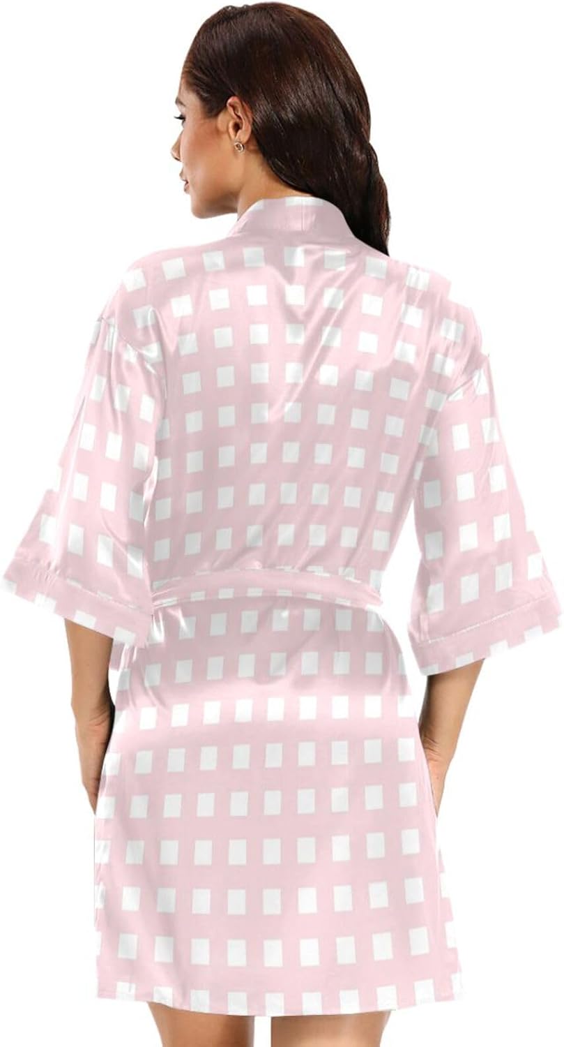 Pink Checkered Pattern Woman's Bathrobe with Pockets Boxer Bathrobe for Swim Party
