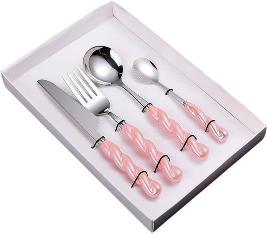 Stainless Steel Flatware Set, 4-Piece Heavy Duty Cutlery Set with Dinner Knife, Fork & Spoons, Tableware Gift for Daily Use Wedding Housewarming Baby Shower Birthday Gifts(Pink)