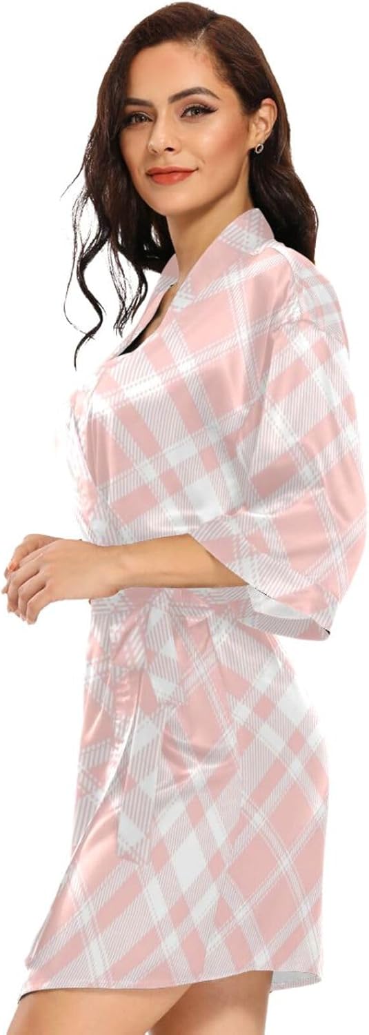 Flesh Pink Checkerboard Womans Bathrobes Warm Shower Robe for Bathroom