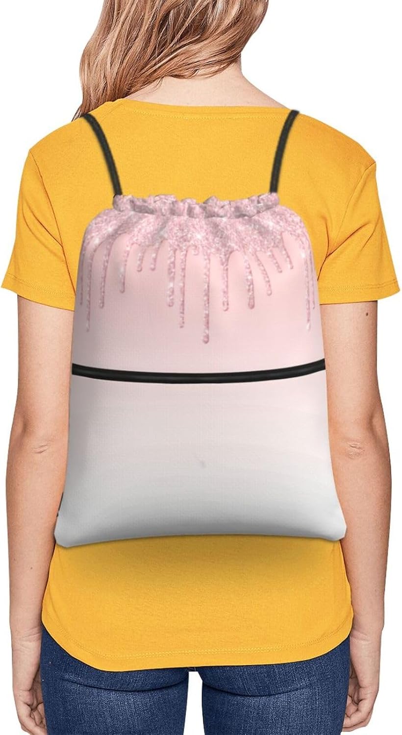 Pink Glitter Drip Drawstring Backpack, Gym Swim Bag Cinch Bag For Women Men With Zipper Pocket