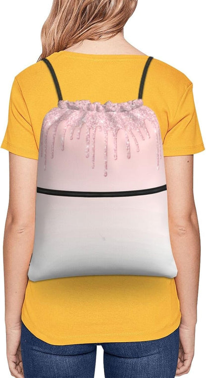 Pink Glitter Drip Drawstring Backpack, Gym Swim Bag Cinch Bag For Women Men With Zipper Pocket
