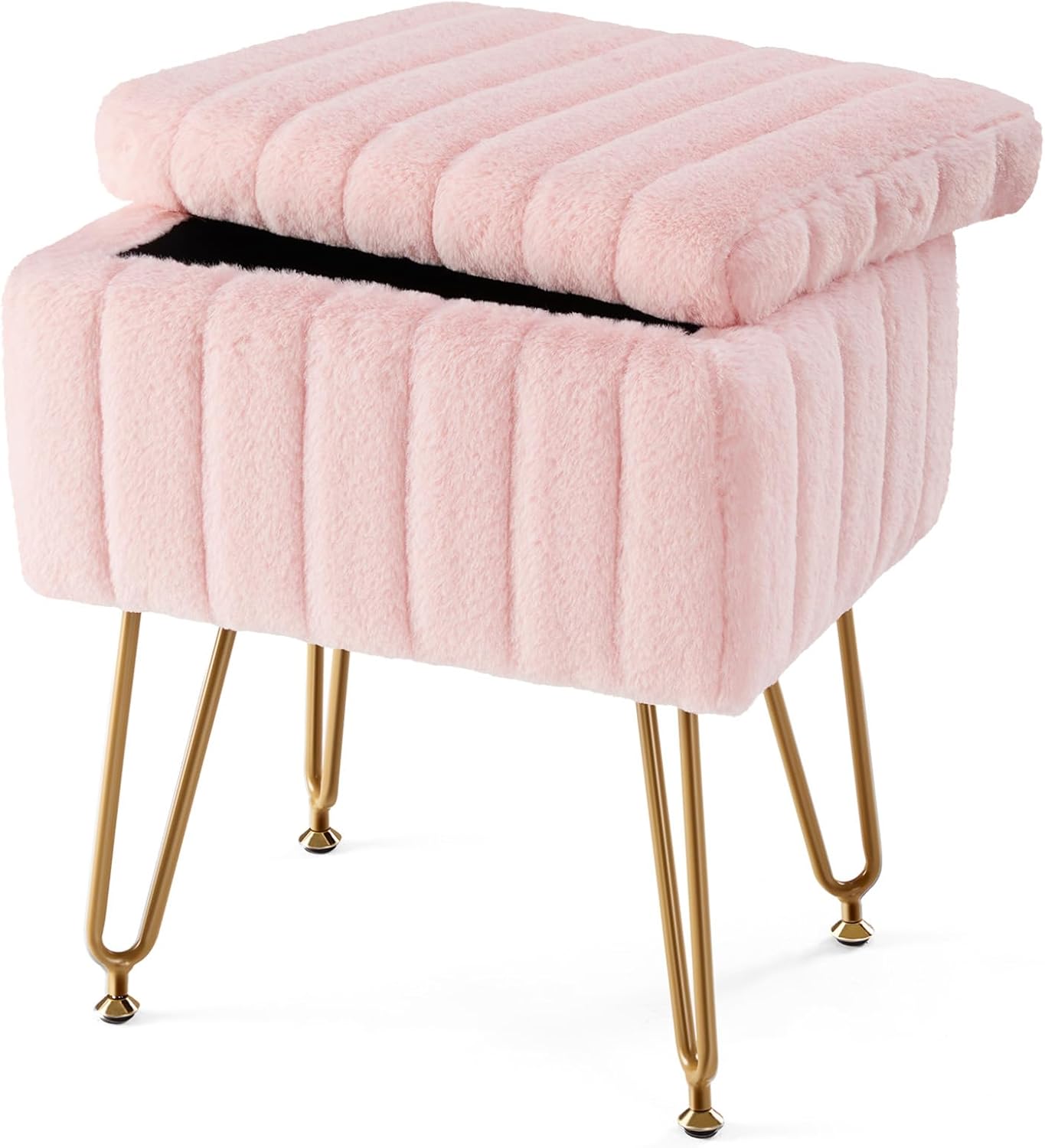 Sweetcrispy Vanity Stool Chair with Storage, 18.9”H x 16”L x 12.2”W Ottoman Chair Faux Fur Soft Padded Makeup Footstools Seat with 4 Metal Legs Anti-Slip Adjustable Feet for Make Up, Pink