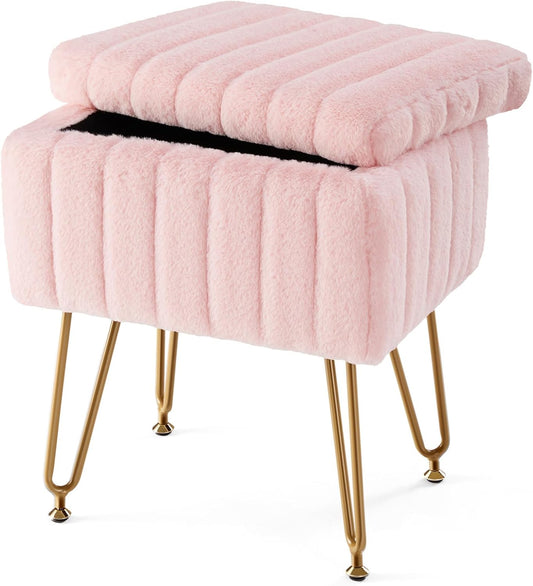 Sweetcrispy Vanity Stool Chair with Storage, 18.9”H x 16”L x 12.2”W Ottoman Chair Faux Fur Soft Padded Makeup Footstools Seat with 4 Metal Legs Anti-Slip Adjustable Feet for Make Up, Pink