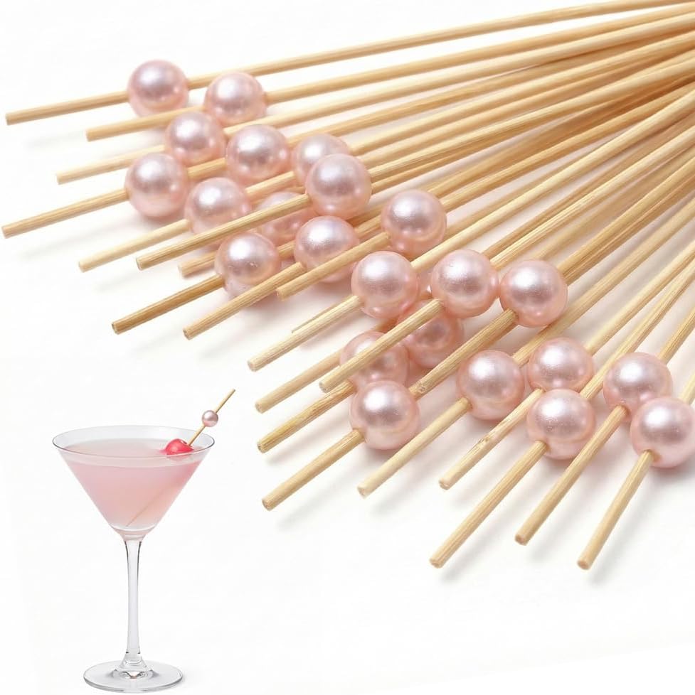 Toothpicks for Appetizers, Fancy Cocktail Picks for Appetizers, Pink Bamboo Cocktail Toothpicks for Drinks, 4.7inch Appetizer Skewers for Party Decoration 100 Counts
