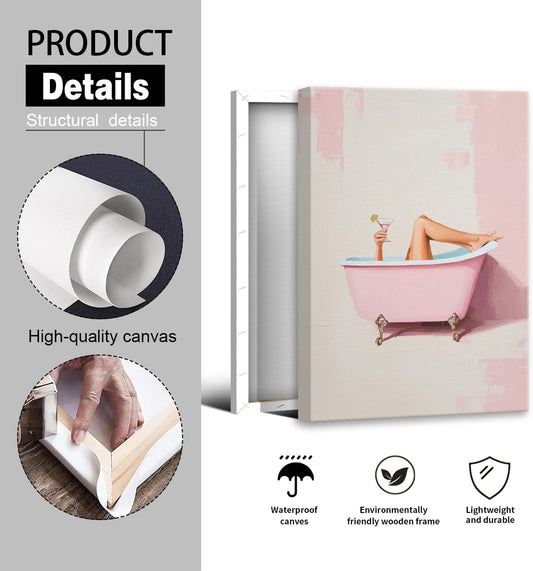 Pink Bathroom Canvas Wall Art, Cheeky Girl In Bathtub with Martini Aesthetic Poster, Preppy Dopamine Cocktail Bar Cart Wall Decor, Trendy Pastel Girly Restroom Print Painting 12x16in Wrapped Canvas