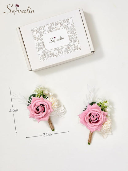 Serwalin 2 Pcs Pink Boutonniere for Men, Groom Groomsmen Best Man Guest Boutonnieres，Artificial Flowers Silk Rose for Wedding Prom Ceremony Anniversary Party Homecoming