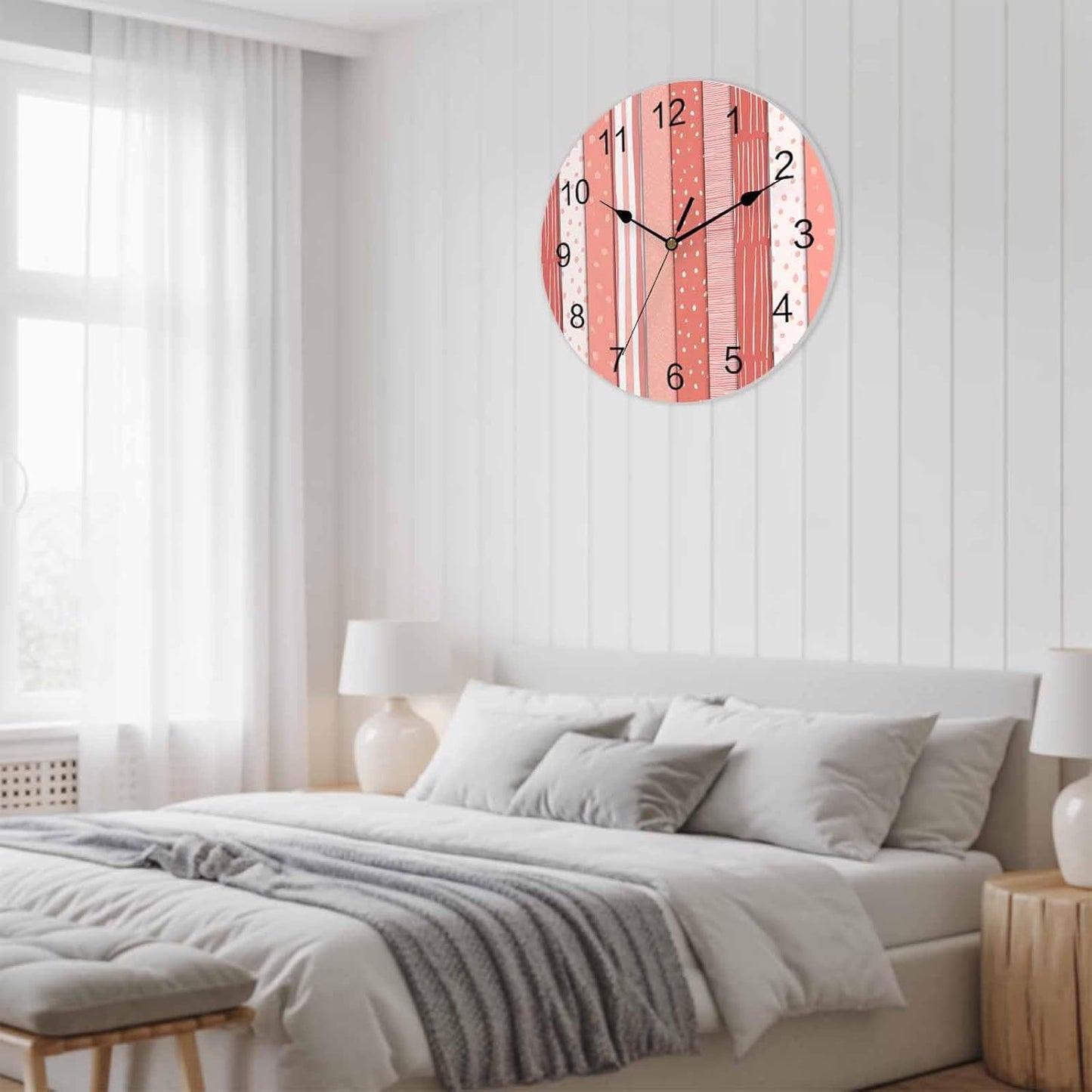 Wall Clock Pink Stripes Clocks PVC Silent Non-Ticking Battery Operated Decorative Coral Polka Dots Striped Grain Round Clock for Home Living Room Kitchen Bedroom Office School Wall Decor 10 Inch