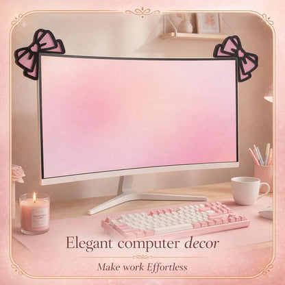 2 PCS 3D Wood Pink Bow Computer Monitor Decor Cute Coquettish Mini PC Decorations Laptop Office Decoration Gift for Women