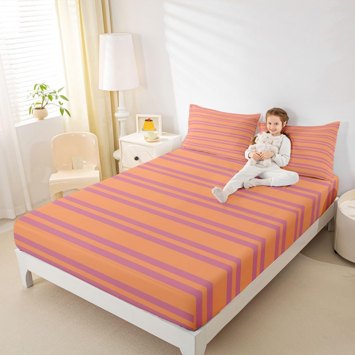 Erosebridal Peach Orange Modern Lines Sheets Queen Size for Kids Teens Adults | Geometric Abstract Striped Bed Sets Retro Classic Horizontal Stripe Sheets Minimalist Stripes Pattern Flat Fitted Sheet