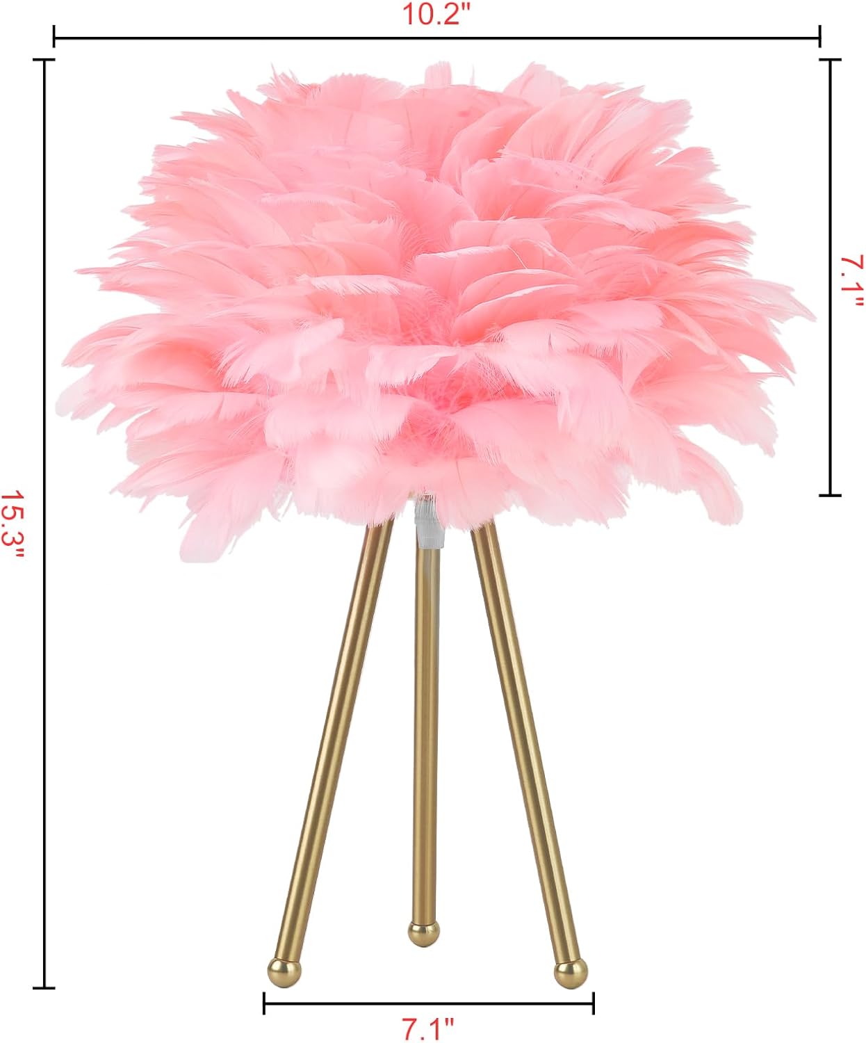 Capslpad Feather Tripod Table Lamp,Pink Modern Bedside Lamp 15.3" Gold Finish Nightstand Lamp for Bedrooms Living Room Kids Room Nursery Room Girls Room Decor