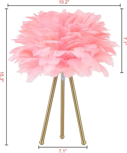 Capslpad Feather Tripod Table Lamp,Pink Modern Bedside Lamp 15.3" Gold Finish Nightstand Lamp for Bedrooms Living Room Kids Room Nursery Room Girls Room Decor