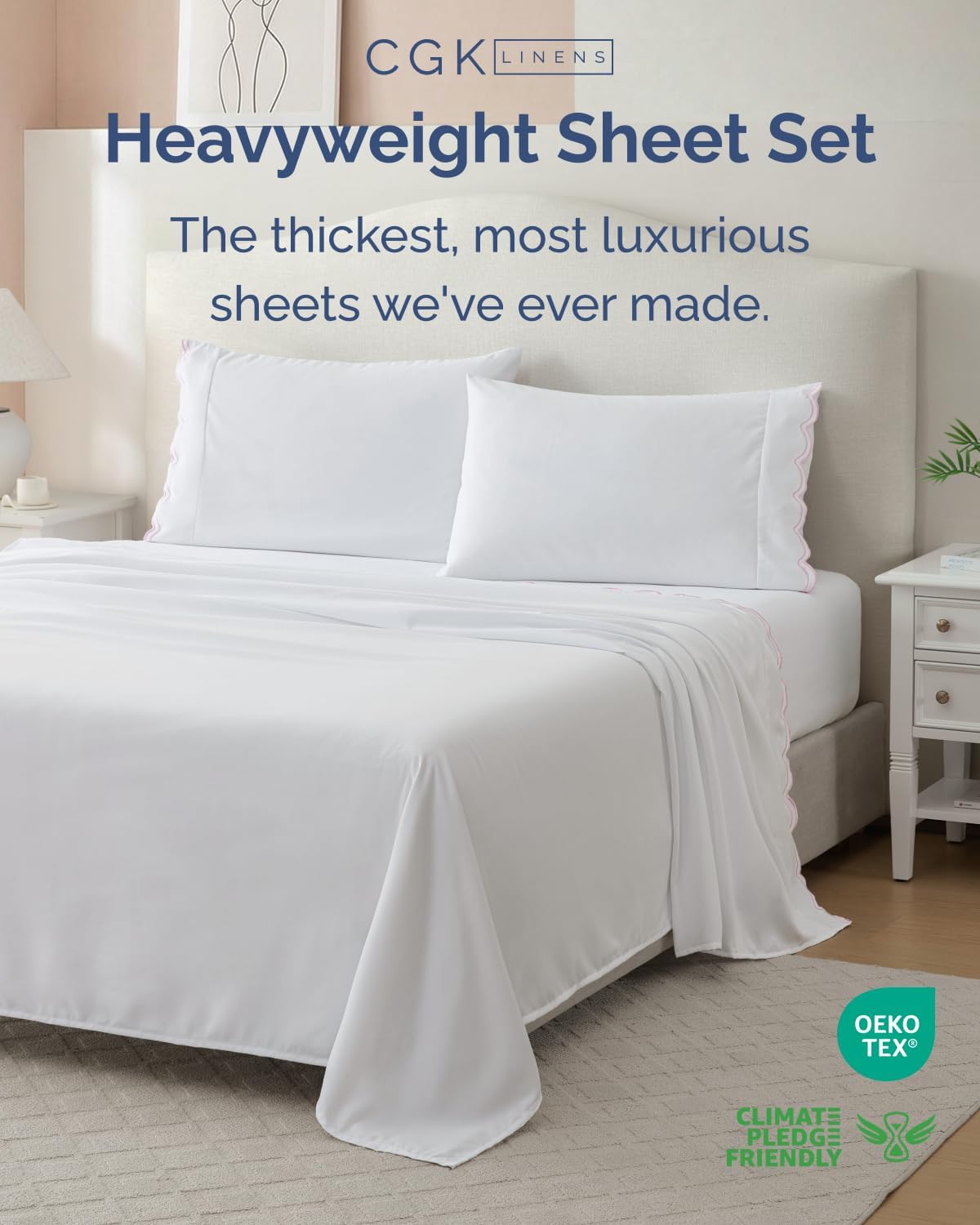 Extra Thick Heavyweight Full Size 4 Piece Bed Sheet Set - Scalloped Edge Bedding - Ultra-Soft & Wrinkle Free - Super Luxury Queen Bed Set - Premium Hotel Quality Sheets with Deep Pockets - Light Pink