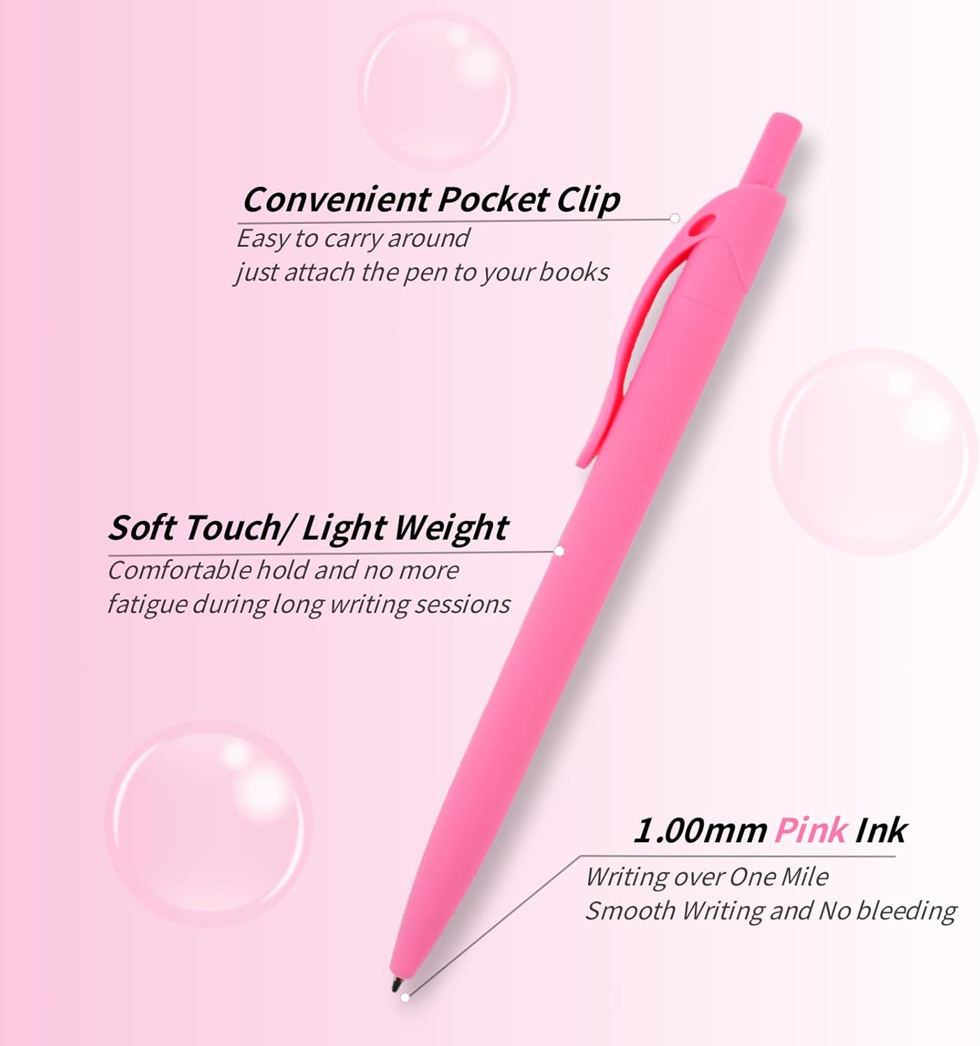 Pens Bulk, 50 Pack No Bleed Click Pens,Wholesale Retractable Ballpoint Pens, Medium Point,1.00MM Pink Ink, Smooth Writing Pens for Office, Resturant and School 【Pink Ink】