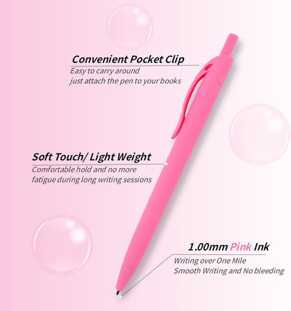 Pens Bulk, 50 Pack No Bleed Click Pens,Wholesale Retractable Ballpoint Pens, Medium Point,1.00MM Pink Ink, Smooth Writing Pens for Office, Resturant and School 【Pink Ink】