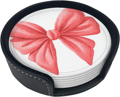 Watercolor Cute Bow Light Red and Pink Premium Leather Coasters, Set of 6 with Holder, Stylish Beverage Coasters for Kitchen Coffee Bar