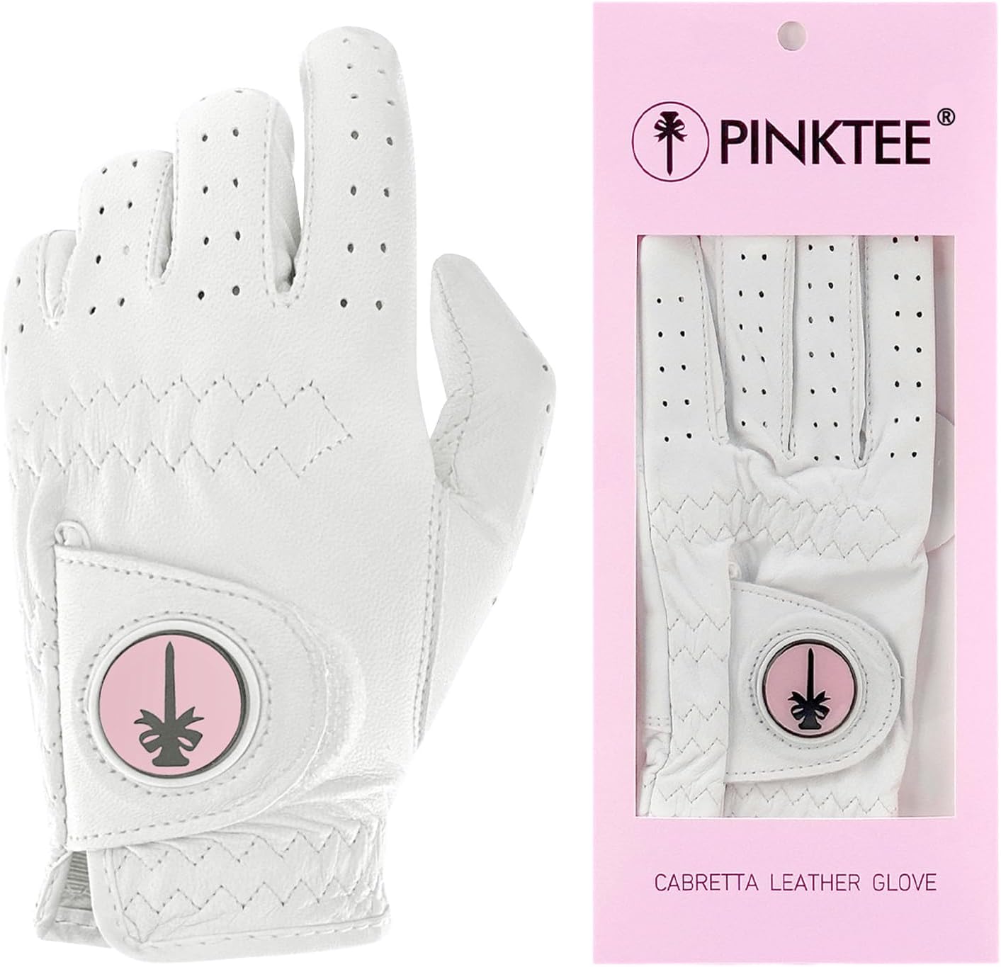 PINKTEE Women's Golf Glove Left Hand Ladies Pink Cabretta Leather Golf Gloves with Removable Magnetic Ball Marker Full Finger