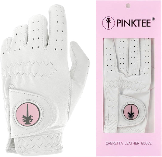 PINKTEE Women's Golf Glove Left Hand Ladies Pink Cabretta Leather Golf Gloves with Removable Magnetic Ball Marker Full Finger