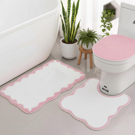 Drydiet 3 Pcs Pink Scalloped Bathroom Rug Set Cute Pink Bathroom Mat U-Shaped Mat Toilet Seat Cover, Non Slip Absorbent Microfiber Bath Rugs Aesthetic Preppy Room Decor for Girls, Dorm Guest Bath