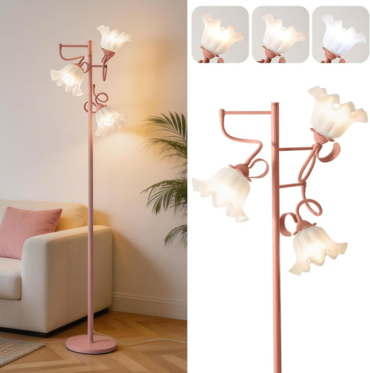 Pink Flower Floor Lamp for Living Room, Cute Standing Lamp with 3 Bulbs, Floral Tall Lamp with 3 Color Temperature, Foot Switch, Elegant Floor Lamp for Bedroom Girls Kids Reading Corner Home