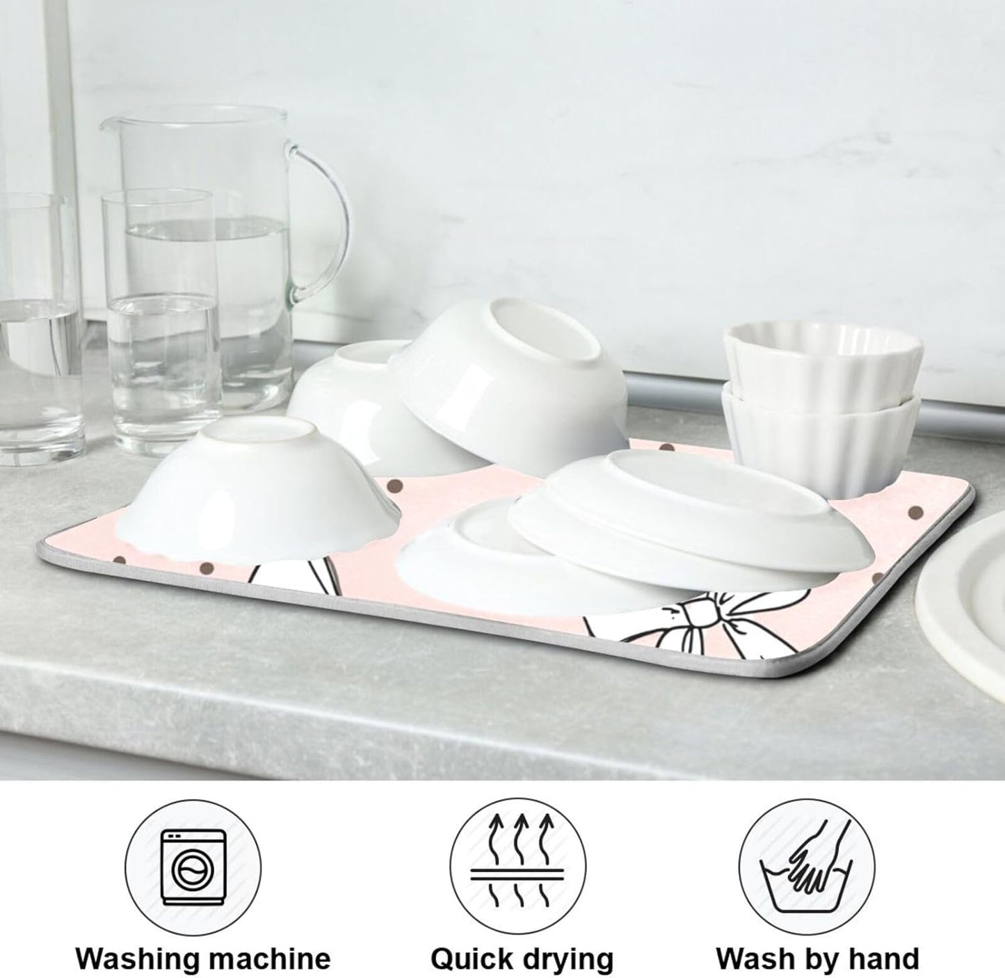 Cute Bow Light Pink Dish Drying Mat Absorbent Dishes Drainer Rack Mats Microfiber Reversible Dish Drying Pad Fast Dry Kitchen Accessories 16x18in For Kitchen Counter