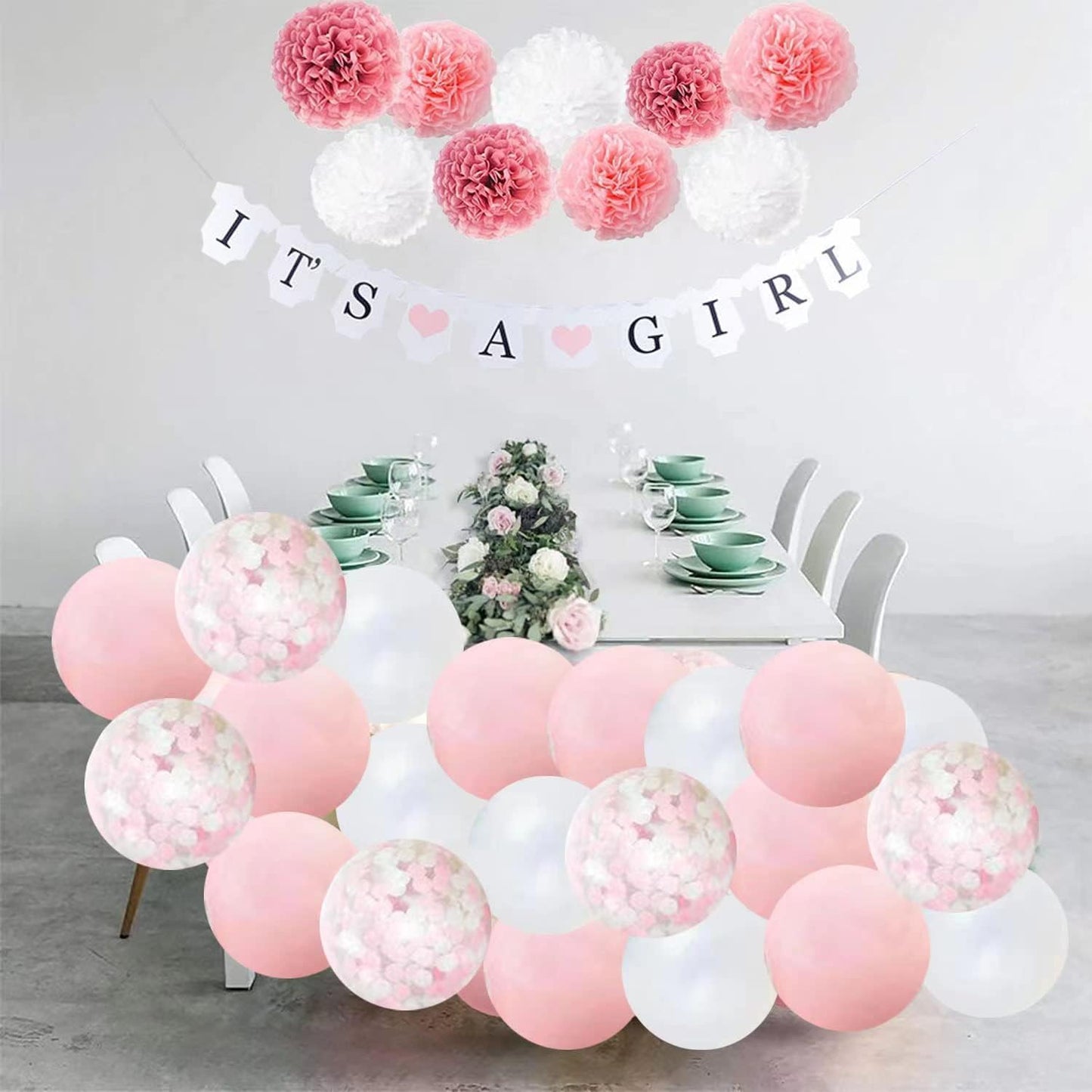 Baby Shower Decorations for Girls, Pink White Baby Girl Shower , with It’s A Girl Banner Confetti Latex Balloons Paper Pom Poms, for Baby Shower Supplies
